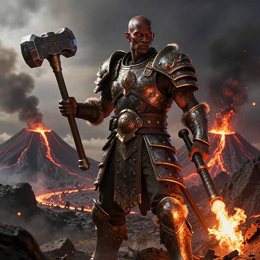 Photorealistic digital artwork of a muscular, bald, armored warrior with a large hammer, standing in a fiery volcanic landscape. He ignites a torch