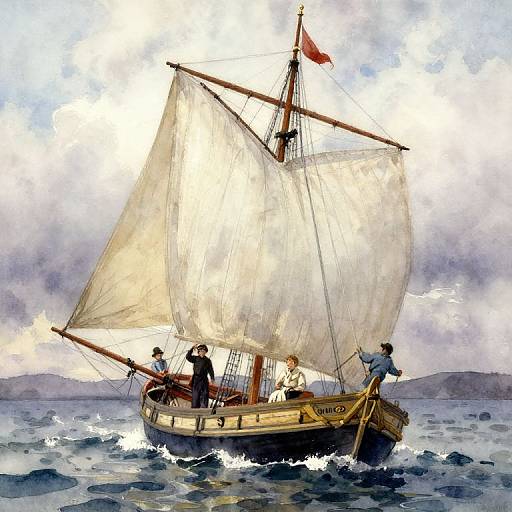 Watercolor painting of a classic wooden sailboat with white sails, four sailors on deck, red flag, choppy blue waters, and distant mountains.