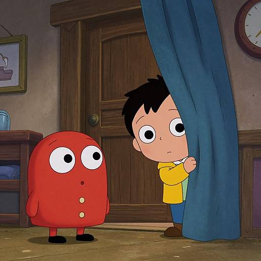 Digital cartoon of a black-haired boy in a yellow shirt peeking from behind a blue curtain, next to a red, round, buttoned creature,