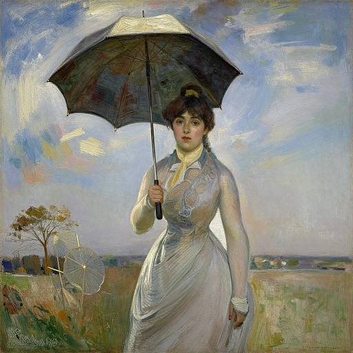 Impressionist painting of a fair-skinned woman with dark hair, wearing a white dress and holding a black umbrella, standing in a grassy field