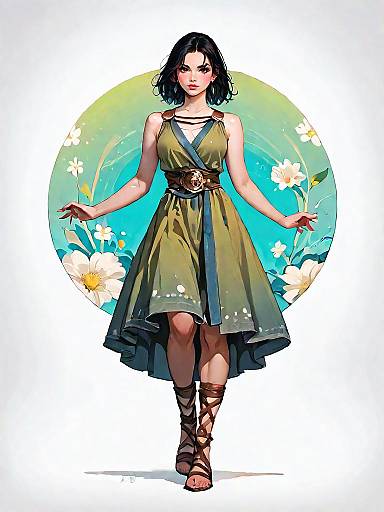 Realistic Woman in Minimalist Olive Dress