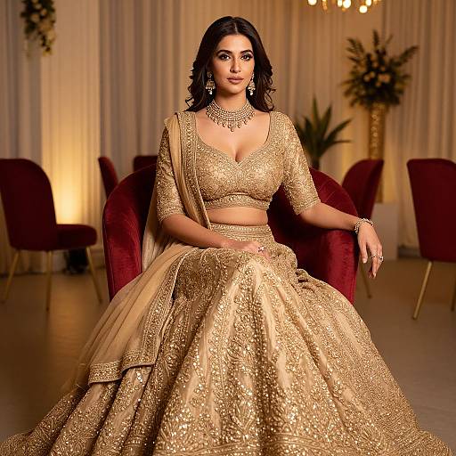 Photograph of an elegant South Asian woman in a gold, intricately embroidered traditional lehenga, seated on a red velvet chair, with ornate jewelry