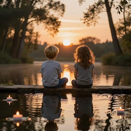 Children Sitting by Lake at Sunset