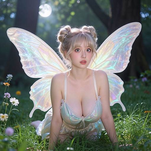 Photograph-style CGI of a fair-skinned, blonde-haired fairy with large, glowing wings, wearing a low-cut, translucent top, kneeling in a
