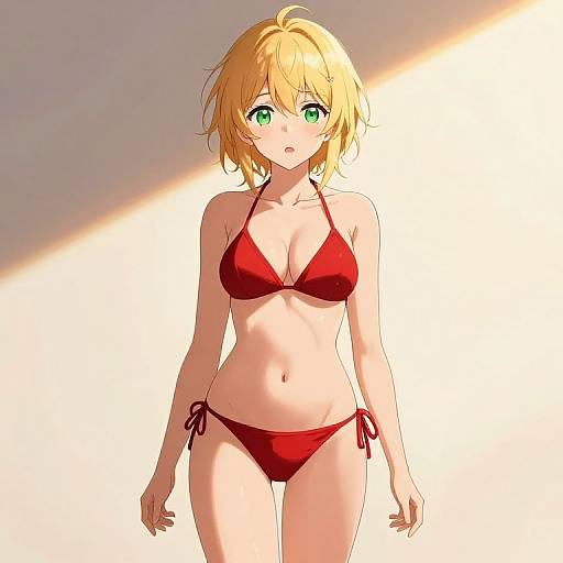 Digital anime-style illustration of a blonde, green-eyed woman with a slim, toned physique wearing a red string bikini, standing against a sunlit background.