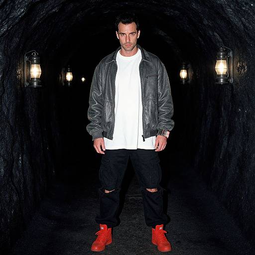 Photograph of a man in a dark tunnel with black walls, wearing a white shirt, black leather jacket, ripped jeans, and red boots, illuminated
