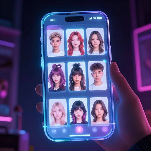 Photorealistic CGI of a glowing, blue-framed smartphone displaying six illuminated, symmetrical portraits of diverse, young women with varying hair colors and styles