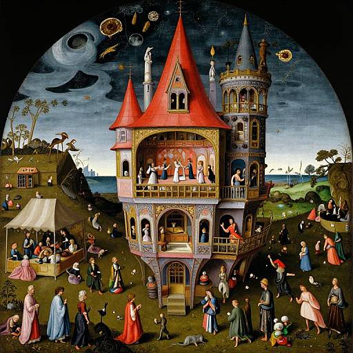 Detailed medieval-style painting of a bustling village around a multi-turreted, red-roofed castle with a moonlit, starry night sky.