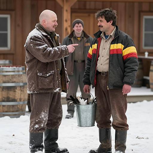 Snowy Scene with Two Feathered Men