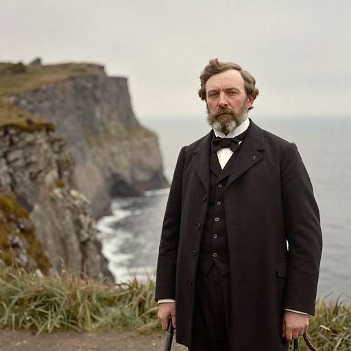 Photograph of a bearded man in a black Victorian coat and bow tie, standing on a cliff overlooking a rocky coastline and ocean. Overcast sky