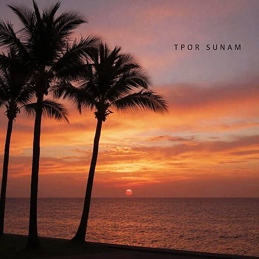 Photograph of a sunset over a calm ocean with silhouetted palm trees, vibrant orange and pink sky, and 