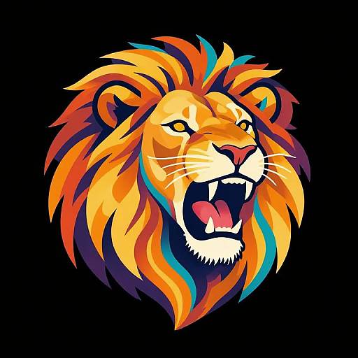 Vibrant digital illustration of a roaring lion's head, featuring bold, neon colors like orange, yellow, blue, and purple, against a black