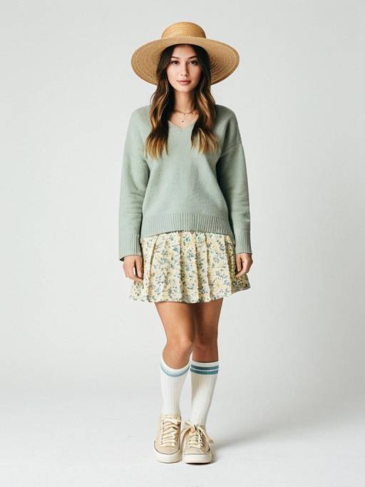 Woman in Casual Boho Outfit with Straw Hat