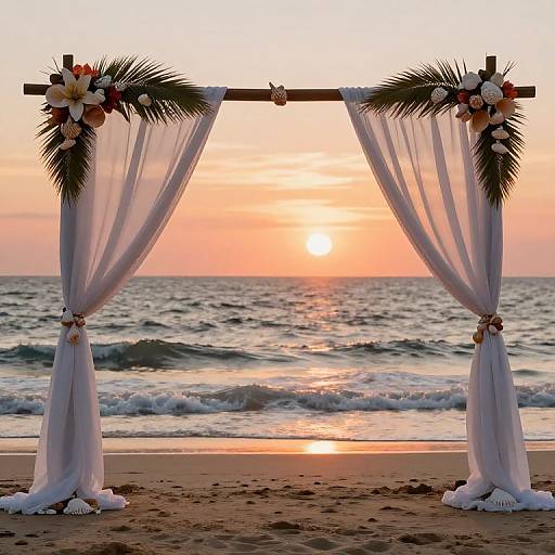 Photograph of a beach wedding arch at sunset, adorned with white curtains, palm fronds, and flowers, with ocean waves in the background.