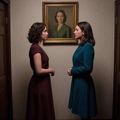 Photograph of two women in dark and teal dresses, facing each other in a hallway, gazing at a portrait of a woman with curly hair in