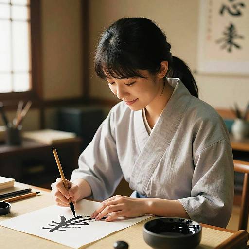 Serene Calligrapher in Sunlit Studio