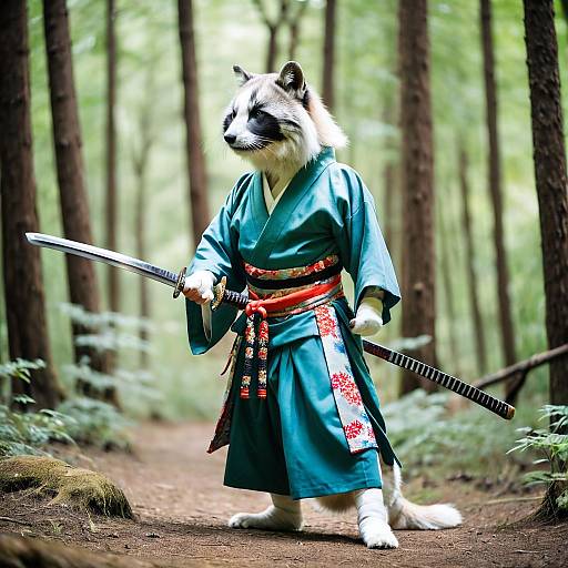 Raccoon Samurai in Forest with Katana