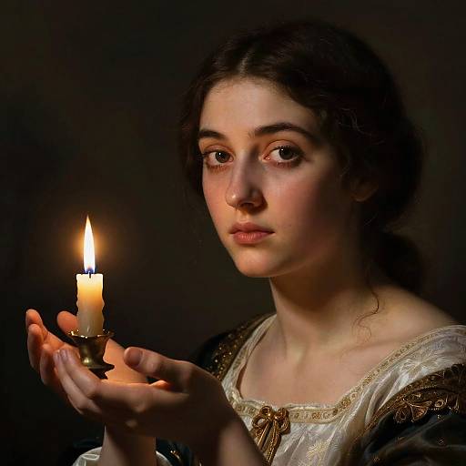 Photorealistic digital artwork of a young woman with fair skin and dark hair, holding a lit candle, gazing intently, wearing an ornate