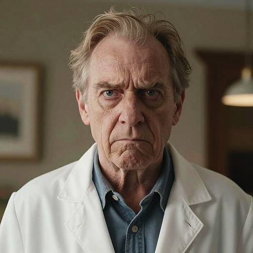 Photograph of an older man with gray hair, intense blue eyes, and furrowed brows, wearing a white lab coat over a blue button-up