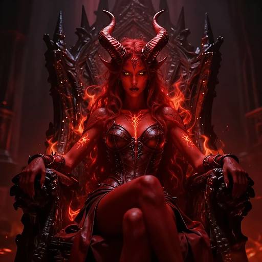 Digital artwork of a red-skinned, horned demon queen with glowing eyes, fiery tattoos, and black armor, seated on a gothic throne with
