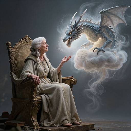 Elderly woman in white robe and white headdress, seated on ornate throne, summons glowing blue dragon from cloud with outstretched hand.