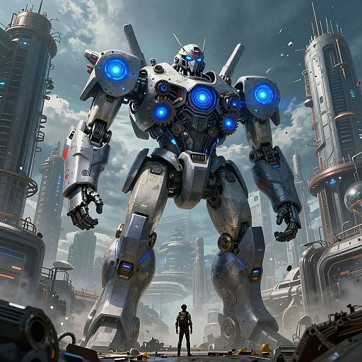 Colossal Robotic Guardian Over Industrial Complex