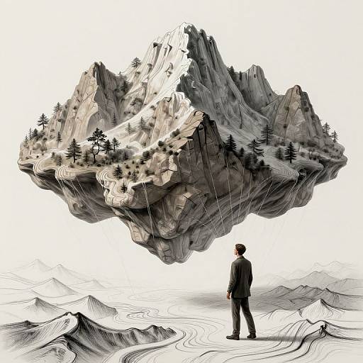 Digital illustration of a man in a black suit standing below a floating, rocky mountain with trees, against a white background.