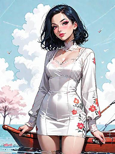 Woman in White Floral Lace Mini Dress by Water