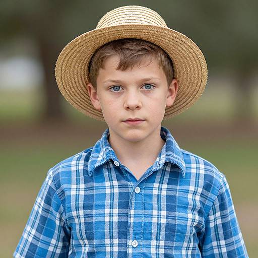 Photograph of a young boy with fair skin, blue eyes, and short brown hair, wearing a straw hat and blue plaid shirt, standing outdoors