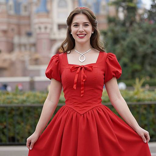 Photograph of a smiling young woman with fair skin, brown hair, and red dress, standing in front of a blurred castle backdrop, holding her dress