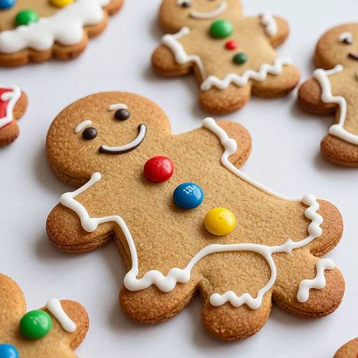 Colorful gingerbread cookies with white icing, smiling faces, and colorful candy buttons, arranged on a white surface. Close-up photograph.