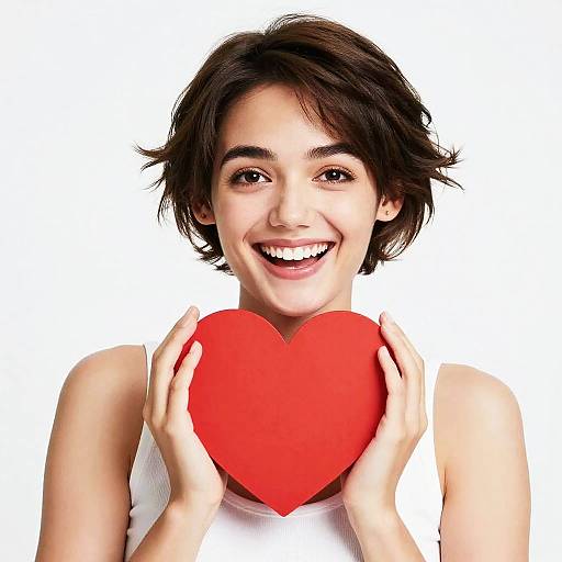 Photograph of a smiling young woman with short dark brown hair, holding a large red heart against a white background.