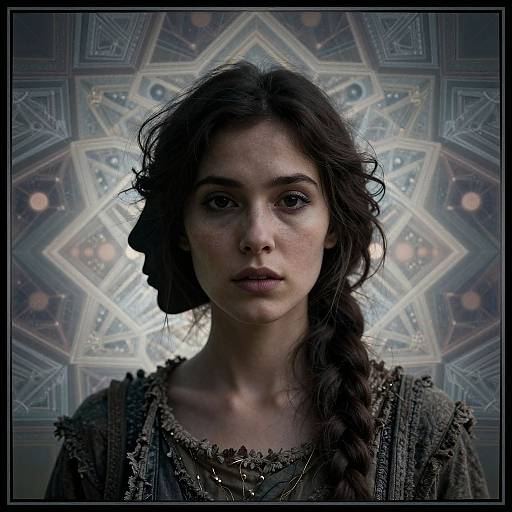Photograph-style digital artwork of a young woman with dark, wavy hair in a braid, wearing a textured, brown, Victorian-style dress,
