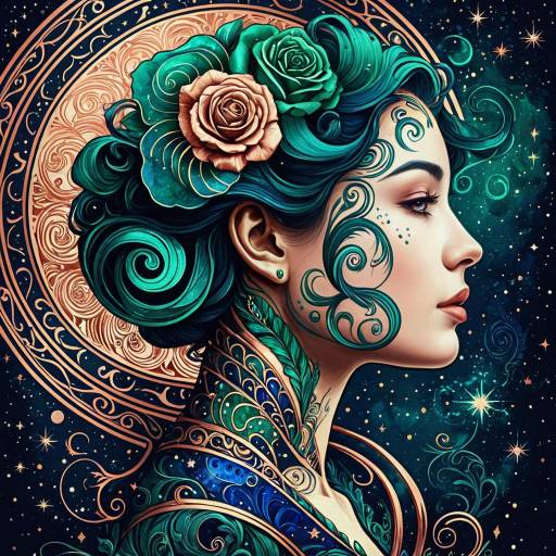 Mythical Celestial Woman with Floral and Swirling Patterns Mythical Celestial Woman with Floral and Swirling Patterns