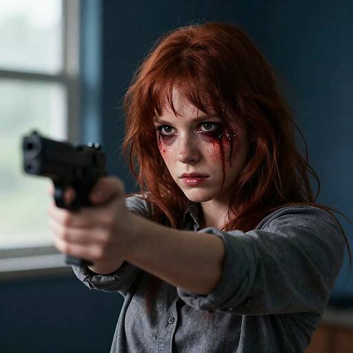 Intense Red-Haired Woman with Gun