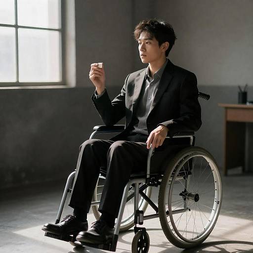 Focused Man in Wheelchair in Dim Room