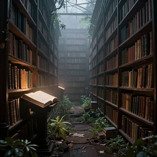 Photograph of a dimly lit, overgrown library aisle with tall, dark wooden bookshelves, illuminated book spine, and lush green plants on