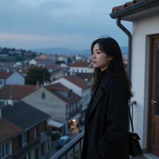 Woman Standing on Balcony Overlooking European Town