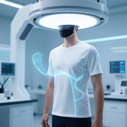 Photograph of a man in a white mesh t-shirt, black mask, and futuristic headlight, with neon blue hand outlines, in a sleek,