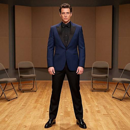 Photograph of a serious-looking man in a dark navy suit, black shirt, and bow tie, standing on a wooden floor in a dimly-l