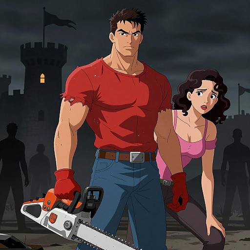 Muscular Man with Chainsaw and Worried Woman in Dark Castle Setting