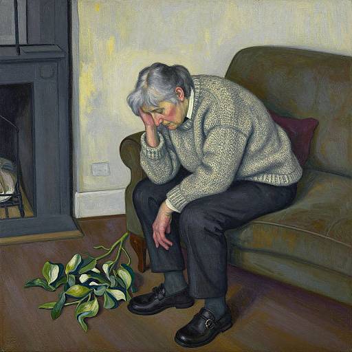 Painting of an elderly man with gray hair, wearing a gray sweater, black pants, and shoes, sitting on a green couch, resting his head