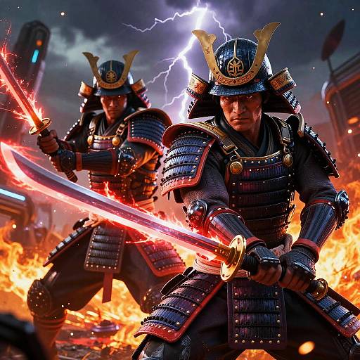 Digital art of two samurai warriors in elaborate armor, wielding glowing red swords, amidst a fiery battlefield with lightning in the stormy sky.