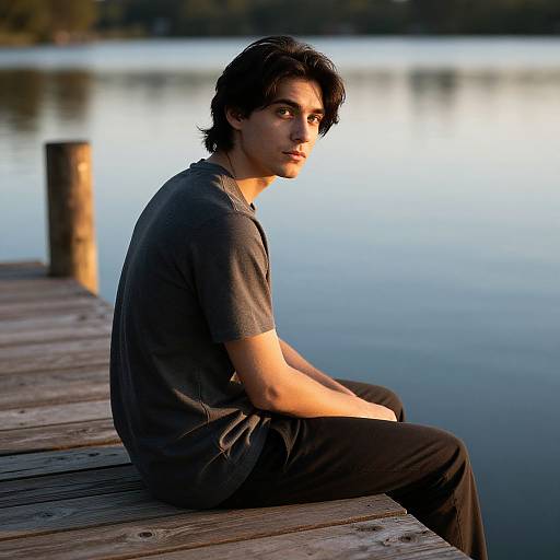 Photograph of a young man with wavy dark hair, wearing a gray t-shirt and black pants, sitting on a wooden dock, gazing at