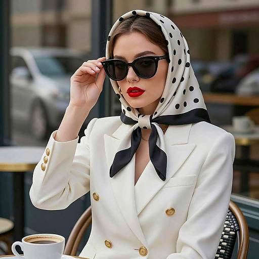 Elegant Woman in Polka Dot Scarf and White Blazer