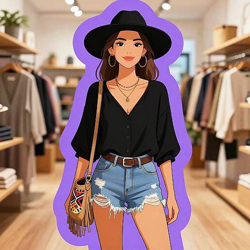 Digital illustration of a smiling woman with brown hair, wearing a black hat, V-neck black blouse, high-waisted denim shorts, and fringe bag
