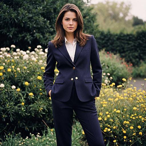 Confident Woman in Navy Pant Suit Outdoors