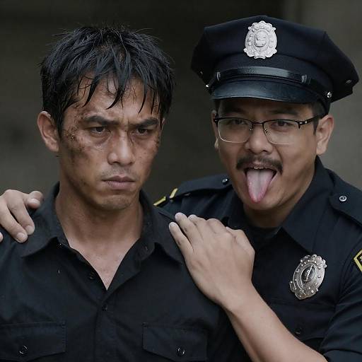Police officer playfully posing with tired man