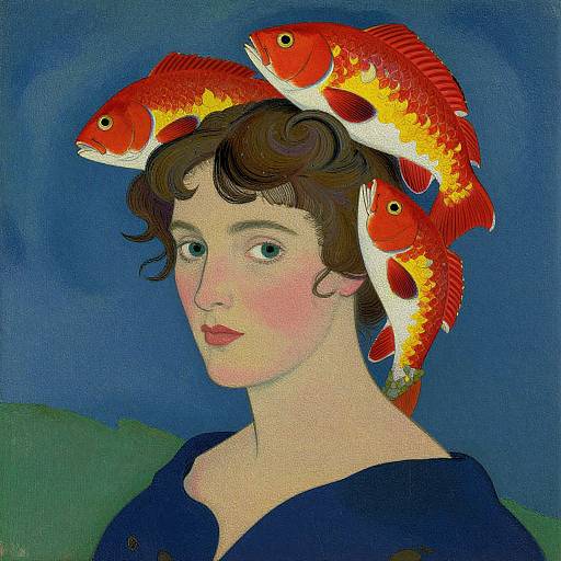 Expressionist painting of a fair-skinned woman with brown curls, blue eyes, and red lips, wearing three vibrant red goldfish on her head against