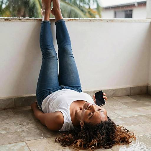Photograph of a woman with curly brown hair, wearing a white t-shirt and blue jeans, lying on tiled floor with legs against white wall, holding
